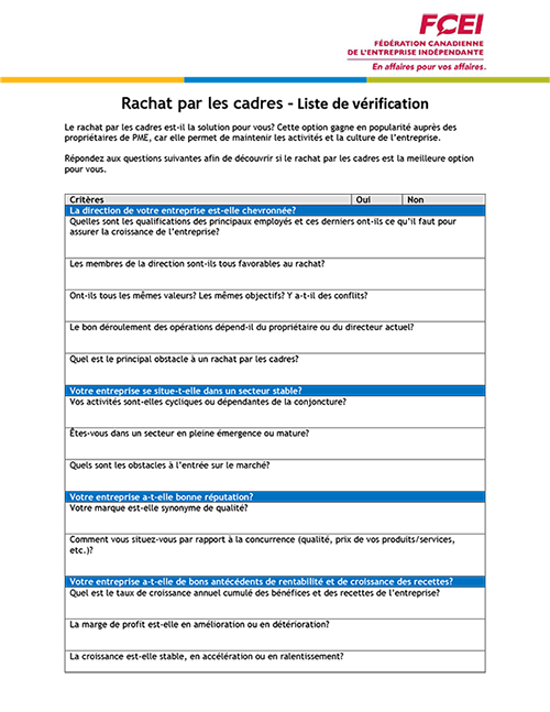 Liste de vérification – Le rachat par les cadres