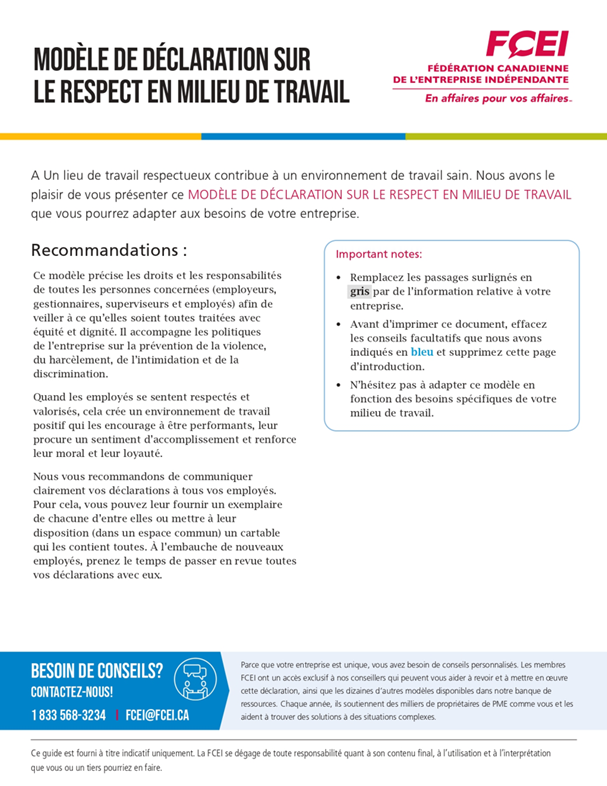 Modele de declaration sur le respect en milieu de travail